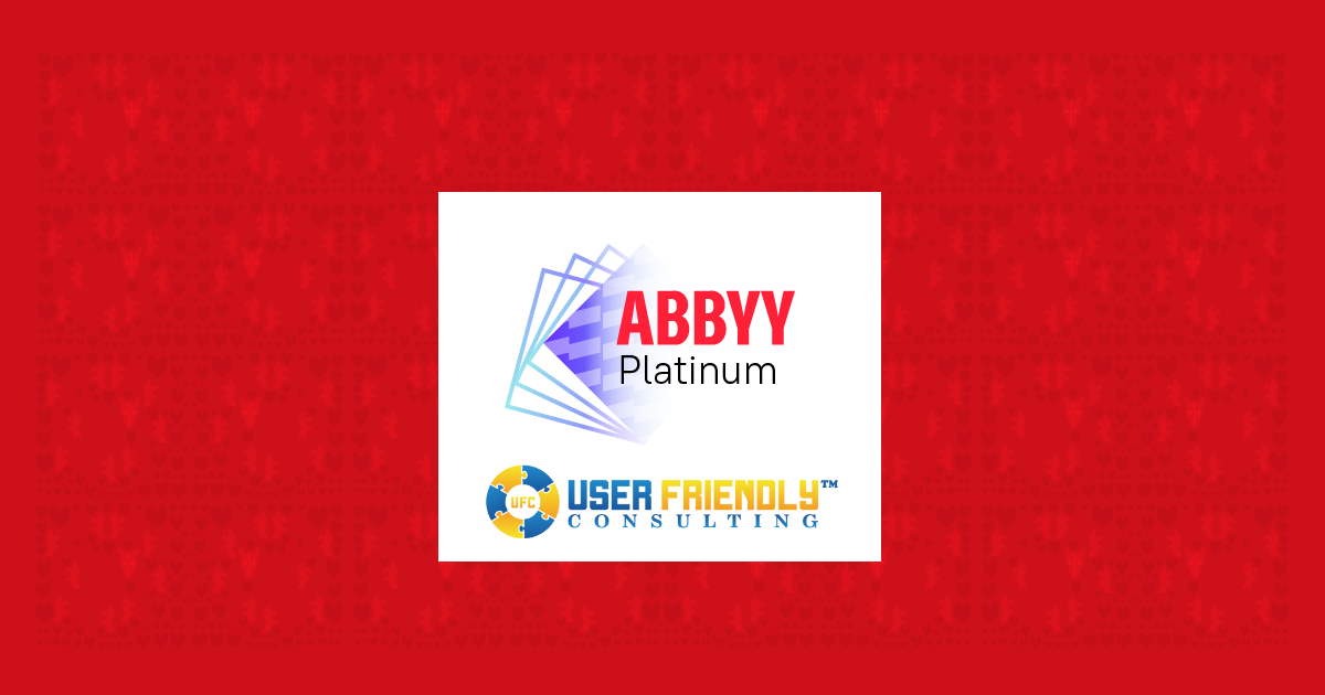 red abstract background image with the words abbyy platinum partner on top and then the user friendly consulting logo below it