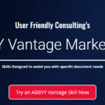 white text on dark blue background reading user friendly consulting's abbyy vantage marketplace