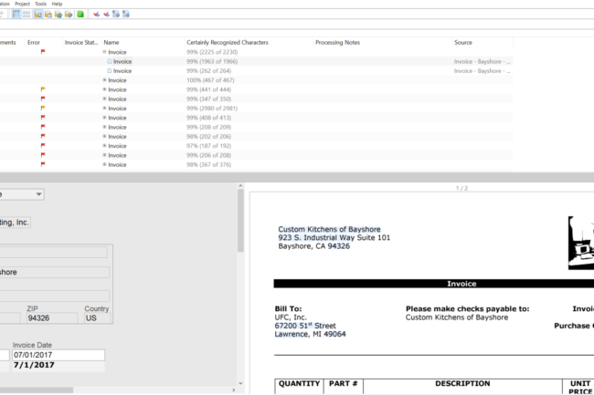 screen shot from abbyy flexicapture software showing an invoice document as it begins to be processed