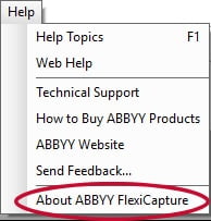 Help window with About ABBYY FlexiCapture highlighted