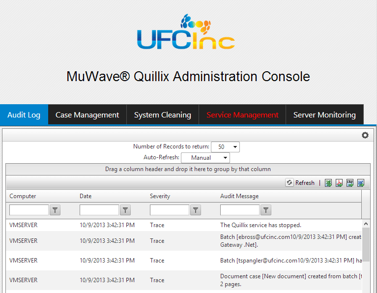 Screen shot of the Quillix admin console